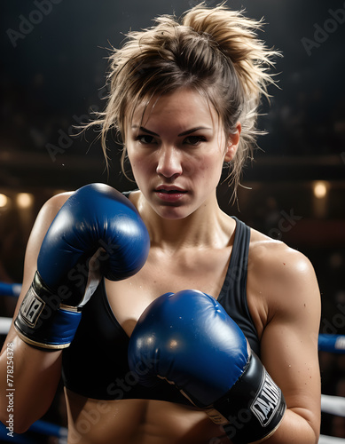 Woman boxing with gloves in the ring. Woman fighter in red gloves with messy hair. Boxer woman. © Maniockus