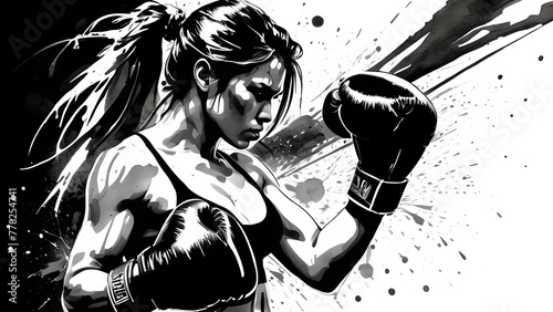 Illustration of a female boxer during a fight in the ring. A woman practicing martial arts. photo