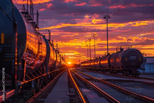 A train yard silhouetted against a sunset, with warm golden light illuminating the scene