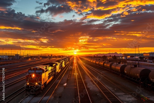 A commercial photograph capturing a train traveling down train tracks under a cloudy sky at sunset, creating a striking silhouette