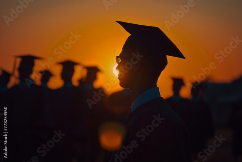 Silhouettes of students with graduate caps in a row on sunset background