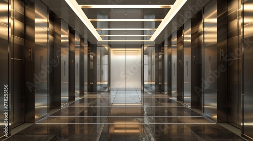 Modern steel elevator cabins in corridor