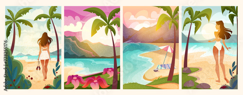 Set of summer vacation posters. Seaside landscapes with palm tree, sandy beach, sea and resting girl in swimsuit. Tourism and travel. Cartoon flat vector illustrations isolated on white background