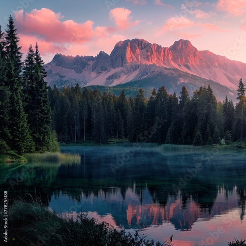 lake in the mountains with forest at pink sunset © Spyrydon
