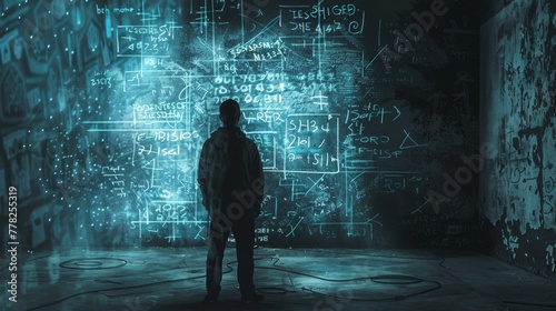 a stoic figure standing in front of a wall filled with equations. theory of everything. solve equations. wall sized glowing computer screen. scribbles of calculations and code. digital art photo