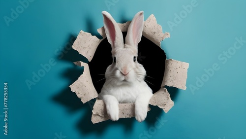 Easter bunny poster peeking out of a hole in the wall with copy space, rabbit jumps out of a torn hole