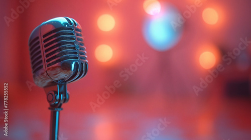 Close photo of retro microphone. Blur effect and soft tones in the background. Podcast recording concept