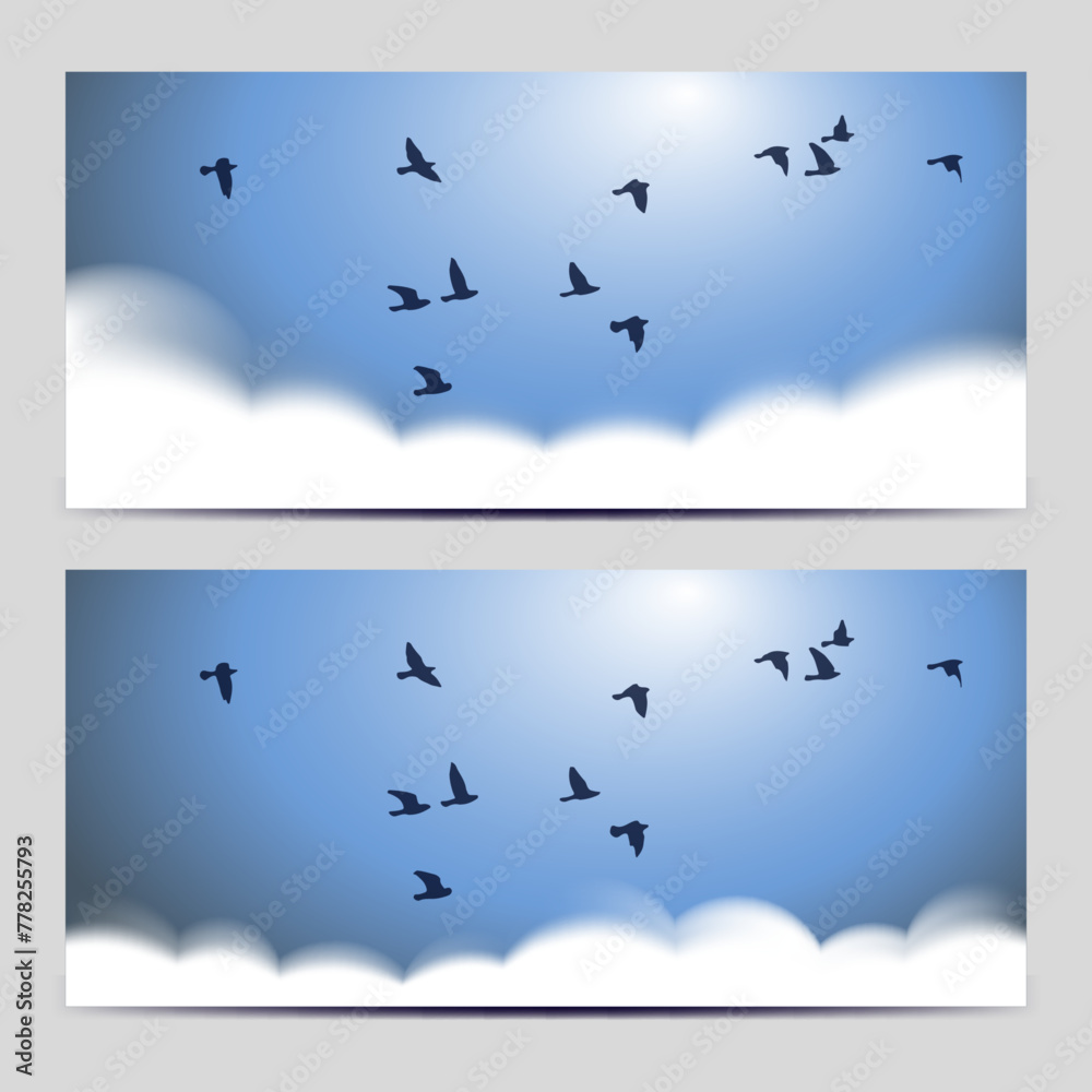 Fototapeta premium Clouds on blue sky banner with birds and sunlight, gradient mesh for web and print template