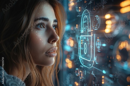 Mesmerizing futuristic technology spills out of a screen  enthralling a beautiful young woman. A central high-tech padlock reinforces the idea of data security and a secure internet.
