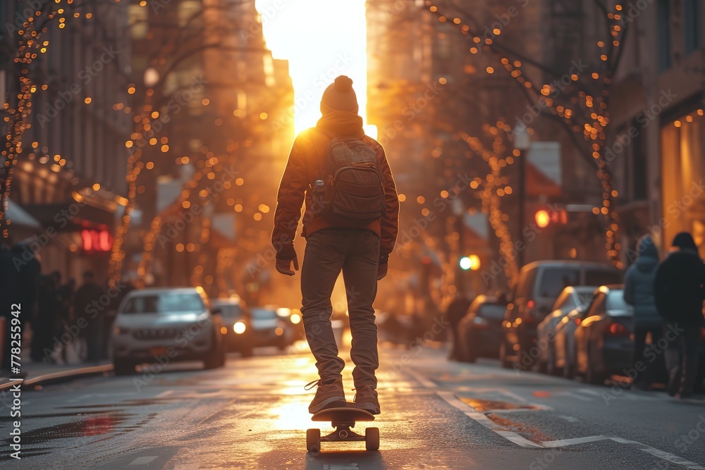 Skateboarding Commuter Commuter skateboarding on a dedicated urban skate lane - obrazy, fototapety, plakaty 