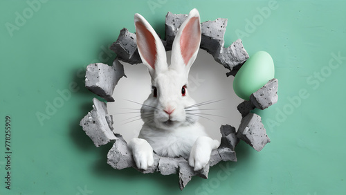 Easter bunny poster peeking out of a hole in the wall with copy space, rabbit jumps out of a torn hole