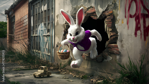 Easter bunny peeking out from a hole in a weathered and dilapidated wall. The bunny has a mischievous grin and a vibrant purple outfit, with a basket of eggs in one hand.