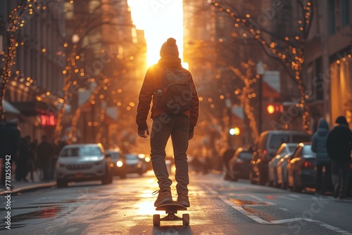 Skateboarding Commuter Commuter skateboarding on a dedicated urban skate lane