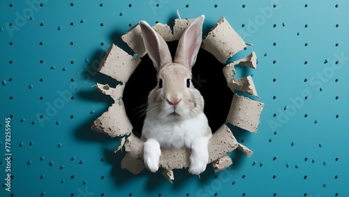 Easter bunny poster peeking out of a hole in the wall with copy space, rabbit jumps out of a torn hole
