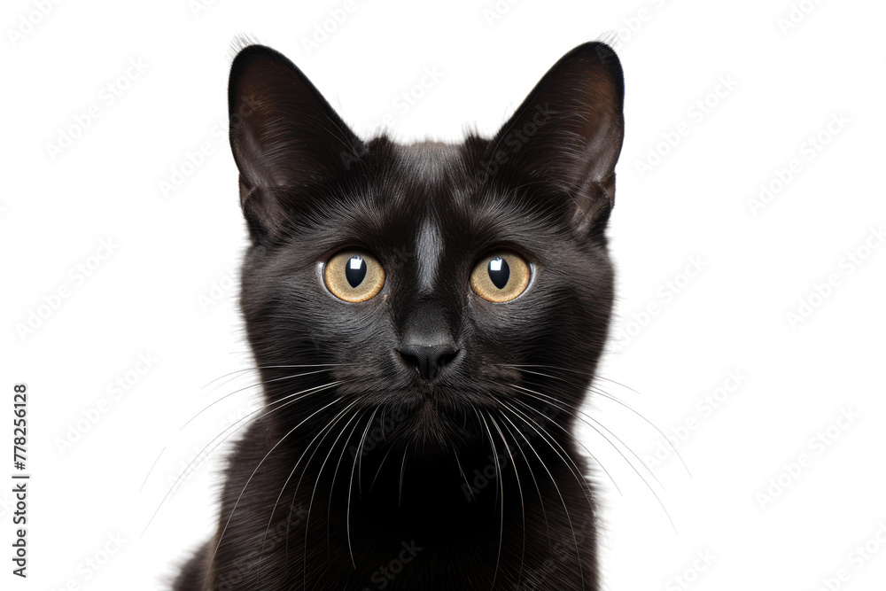 Midnight Gaze: A Portrait of a Mysterious Black Cat With Yellow Eyes. White or PNG Transparent Background.