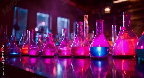 The Colorful Secrets of Science, A Laboratory Tabletop Display of Beakers Filled with Colored Liquids photo