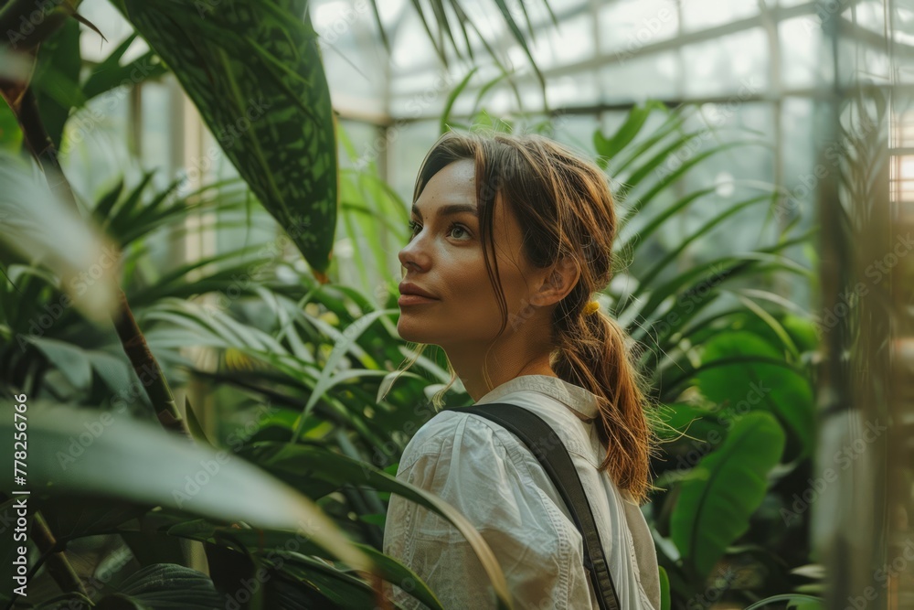 Young Woman Enjoying a Serene Moment in Lush Greenhouse Environment Surrounded by Plants Young Woman Enjoying a Serene Moment in Lush Greenhouse Environment Surrounded by Plants