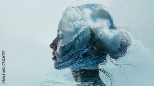 Double exposure, woman and ocean waves