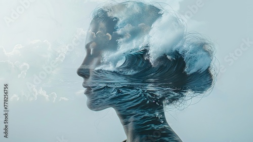 Double exposure, woman and ocean waves