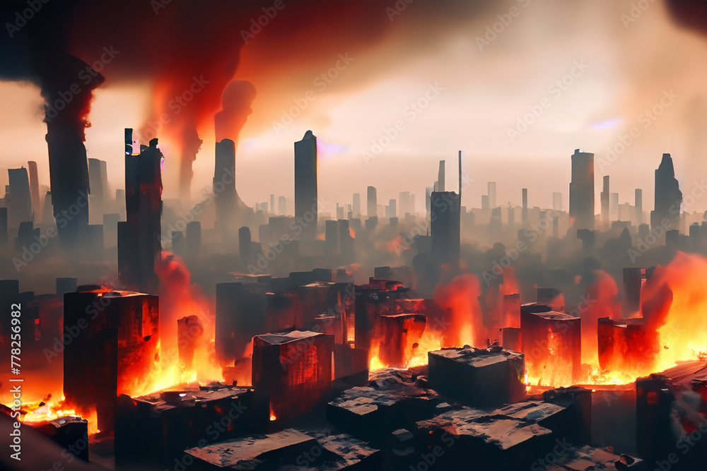 Building on fire. Skyline of a city in flames and smoke because of a ...