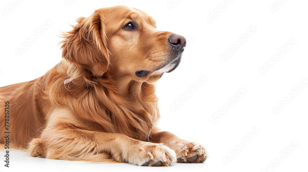 golden retriever lies contentedly on a white background