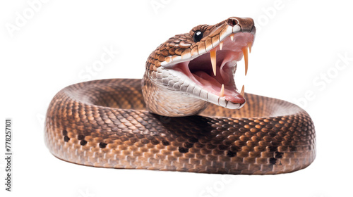 Danger snake opened tongue in front of white background, isolated transparent
