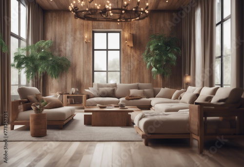 Cozy home interior luxury living room with natural wooden furniture 3d render