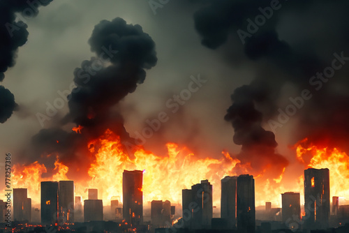 Building on fire. Skyline of a city in flames and smoke because of a war. Burning building gas explosion or city during the war. Big city with burning buildings. Pollution of the city.