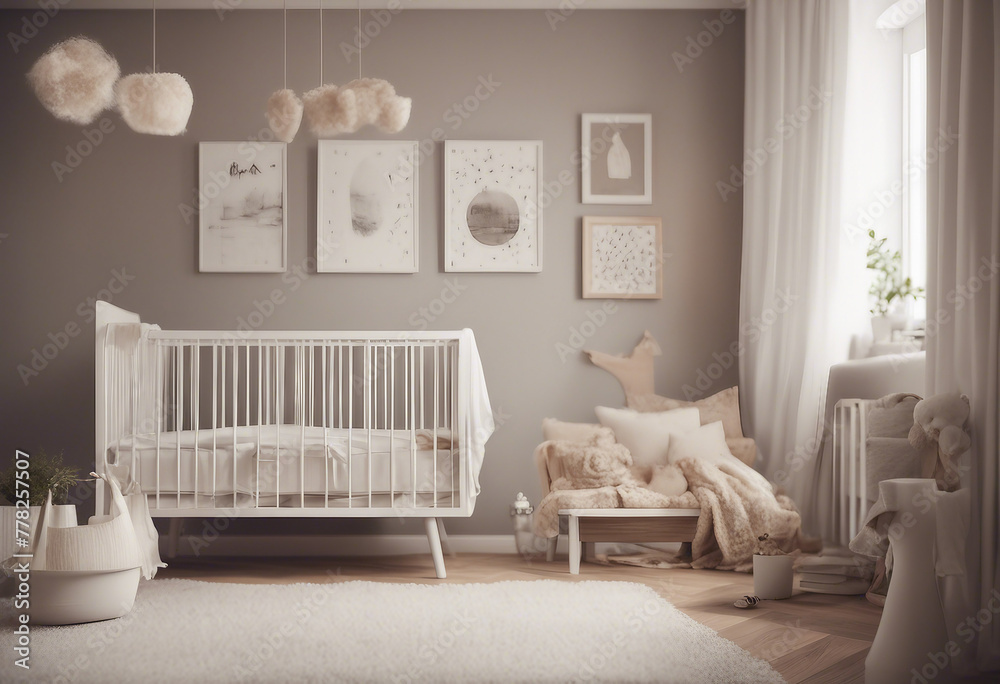 Cozy nursery interior background Scandinavian style 3D render Cozy nursery interior background Scandinavian style 3D render