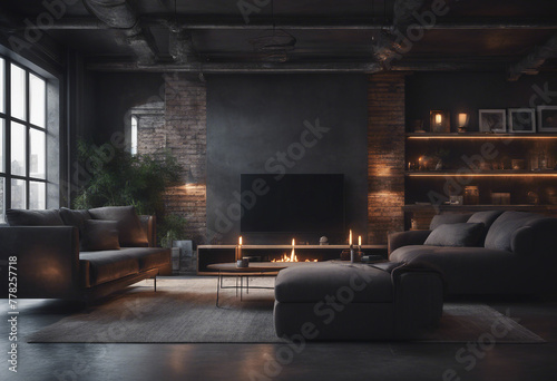 Dark living room loft with fireplace industrial style 3d render © ArtisticLens
