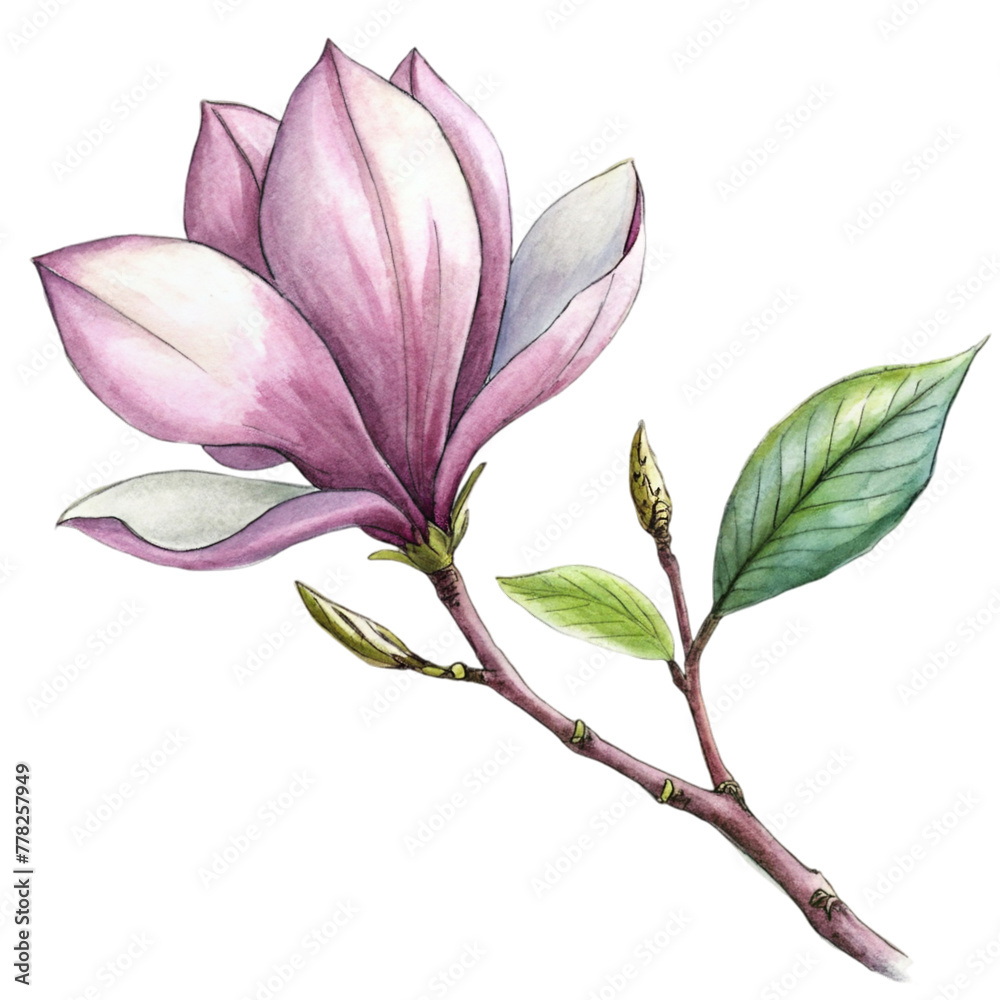A pink magnolia flower is the central focus, with its petals gently overlapped and the interior gradient softly blending from white to a deeper pink