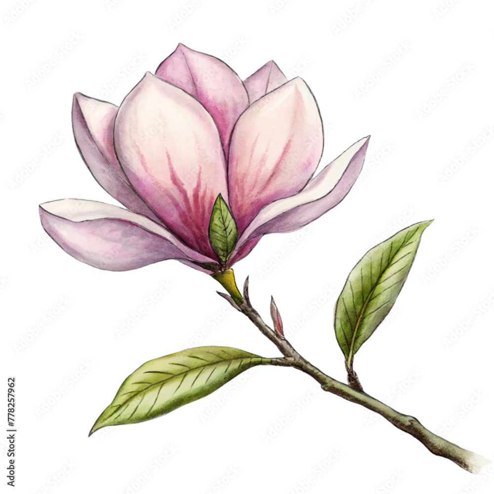 A pink magnolia flower is the central focus, with its petals gently overlapped and the interior gradient softly blending from white to a deeper pink A pink magnolia flower is the central focus, with its petals gently overlapped and the interior gradient softly blending from white to a deeper pink