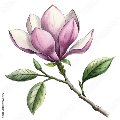 A pink magnolia flower is the central focus  with its petals gently overlapped and the interior gradient softly blending from white to a deeper pink