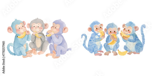 monkeys eat banana watercolor vector illustration