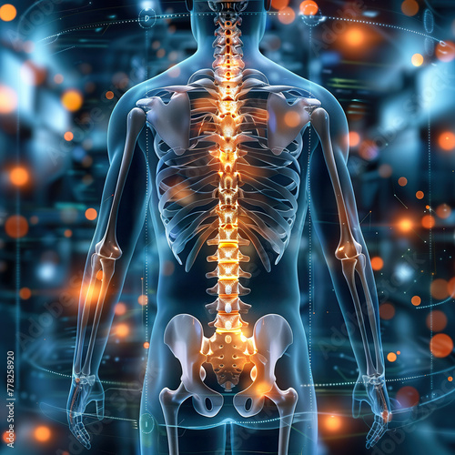 Illustration of human spine anatomy on futuristic background. 