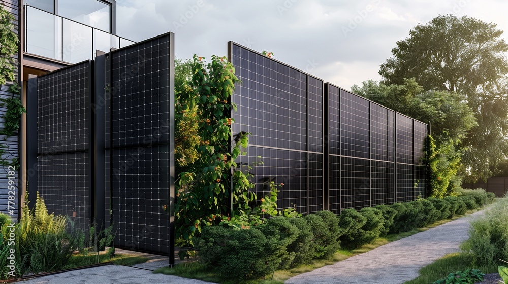 A vertical solar panel installation doubling as a fence, showcasing innovative and cost-effective renewable energy production for sustainable living.