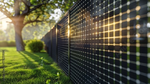 A vertical solar panel installation doubling as a fence, showcasing innovative and cost-effective renewable energy production for sustainable living. photo