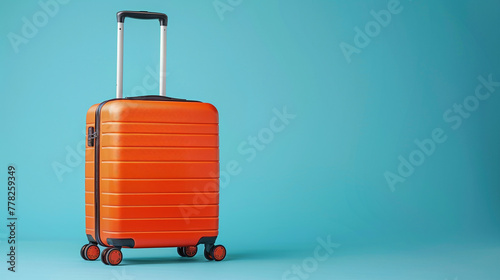 Photo of orange suitcase on blue background with copy space for text. Long distance travel concept for vacation