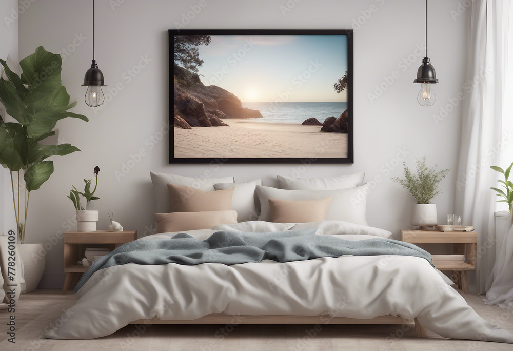 Mock up frame in cozy home interior background coastal style bedroom 3d render Mock up frame in cozy home interior background coastal style bedroom 3d render