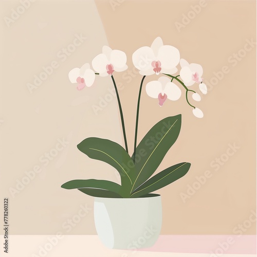 Botanical vector illustration of an orchid flower plant in a pot on a neutral soft toned background, AI generatedAI generated photo