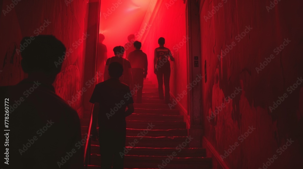 silhouette of people on stair with red light