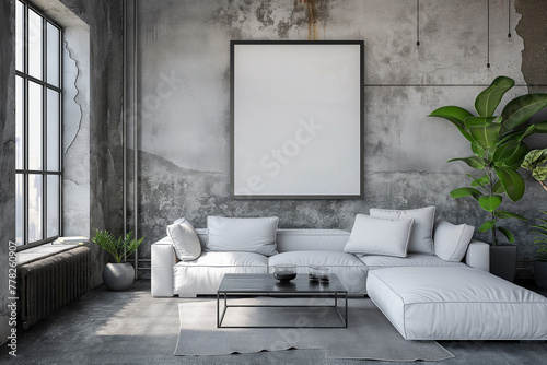 loft living room, with empty blank mock up poster frame with copy space. Black leather sofa, concrete walls, metal lamps, plants
