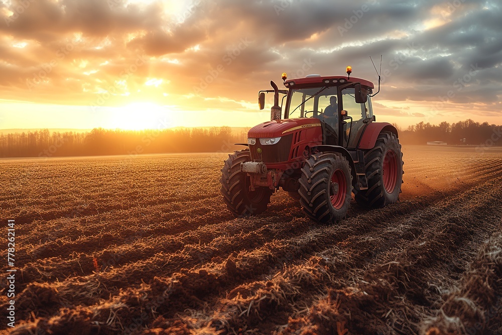 Fototapeta premium Tractor Pulling Equipment Agricultural tractor pulling heavy equipment on a farm