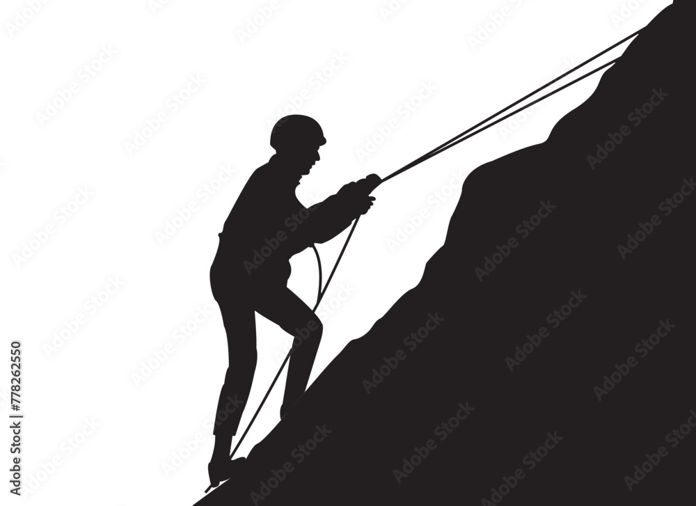 Obraz premium Rock climbing man vector silhouette, climb to mountain with rope, Climber side panels
