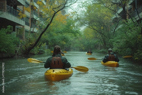 Urban Kayak Tour Kayakers exploring urban waterways on a guided tour © create