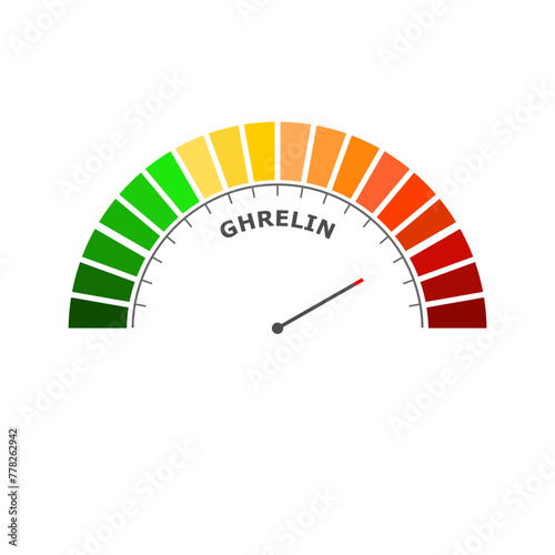 Ghrelin bad level on measure scale. Instrument scale with arrow. Colorful infographic element. The hunger hormone, also known as lenomorelin, a peptide hormone produced in the gastrointestinal tract