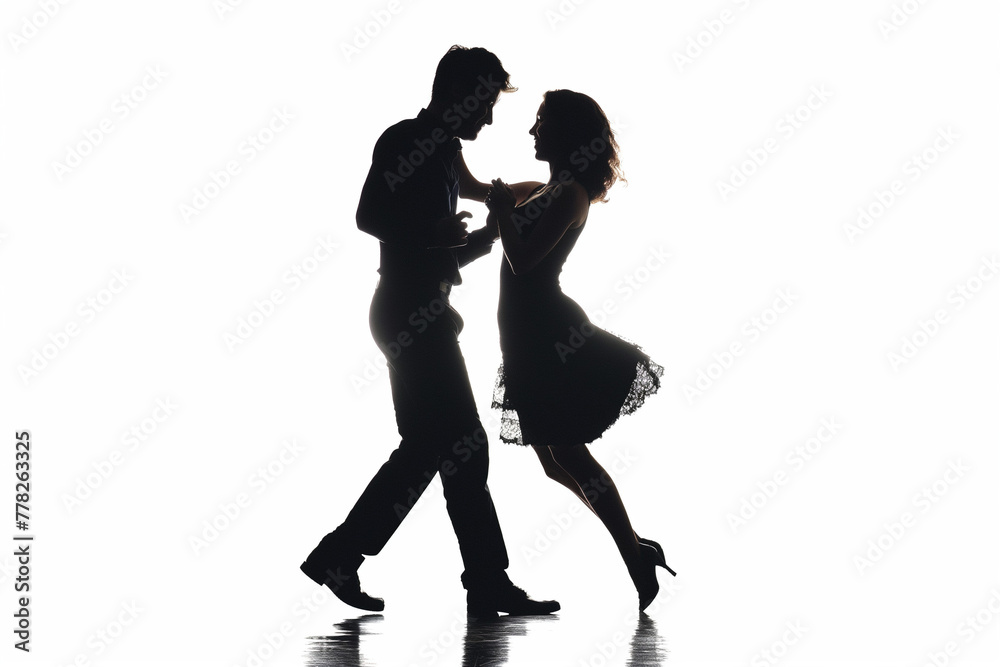 Silhouettes of a dancing couple man and woman with shadow, black silhouettes on a white background