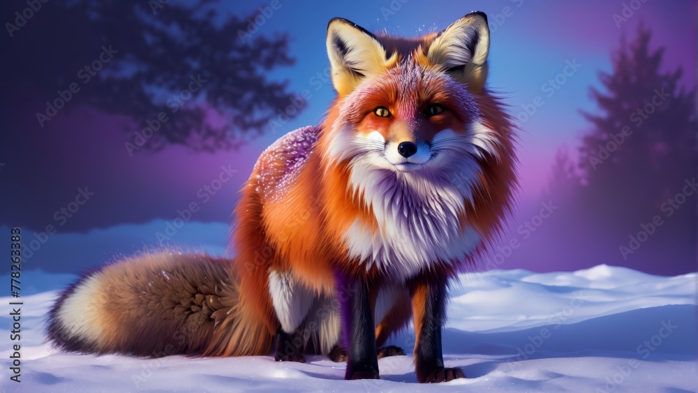 Fototapeta premium A red fox sits in the snow with a full moon rising behind it, trees silhouetted in the background