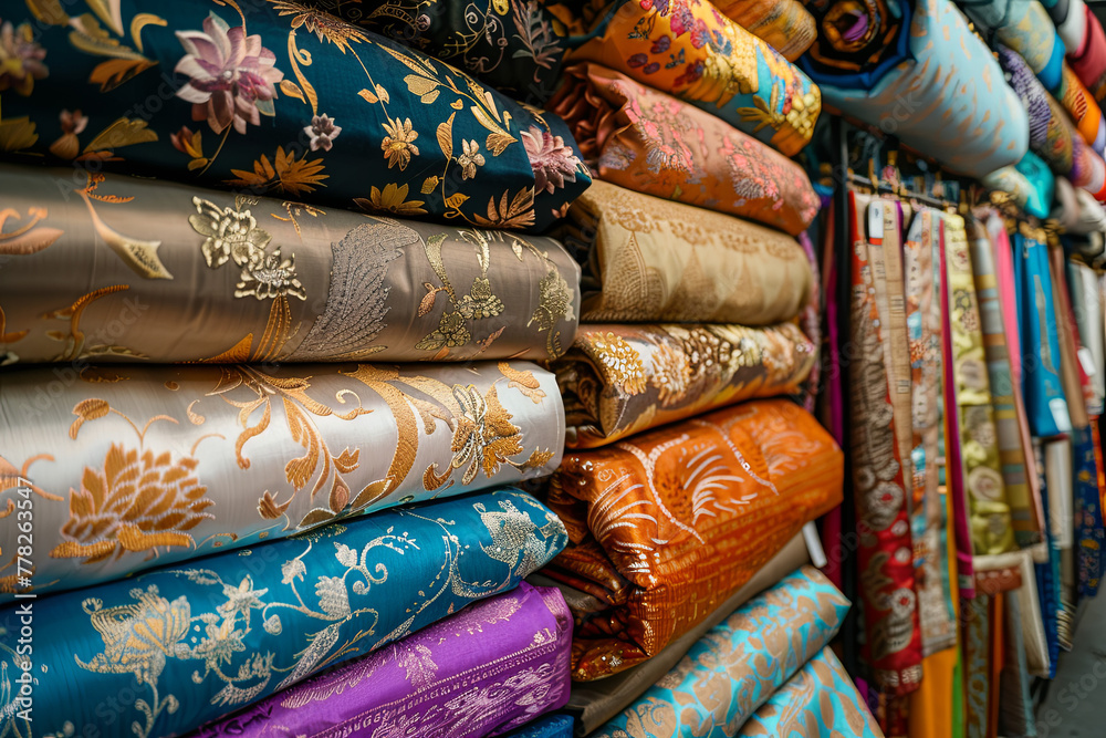Traditional asian fabrics and clothes for sale in a shop in Malaysia