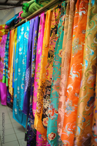 Traditional asian fabrics and clothes for sale in a shop in Malaysia